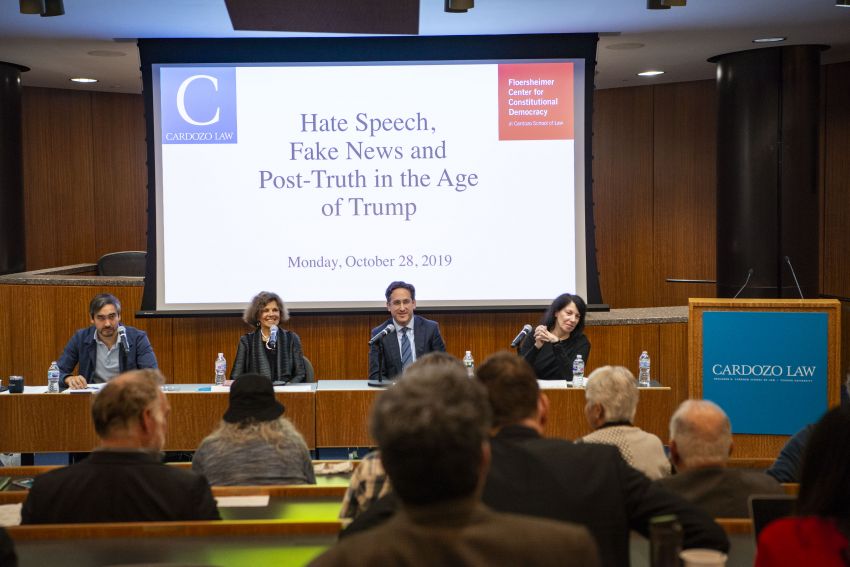 From left to right: Panelists Tim Wu, Nadine Strossen, Micah Schwartzman with moderator Professor Suzanne Last Stone.