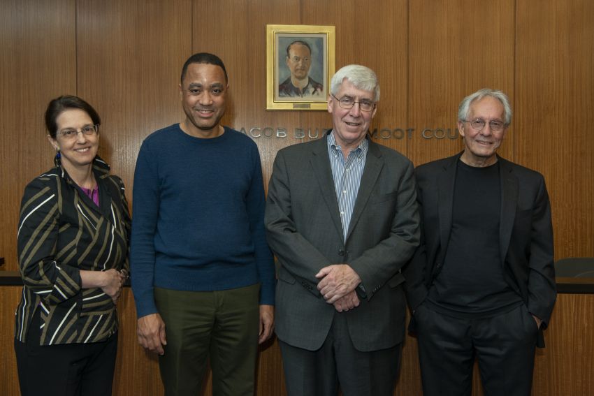 From left to right: Panelists Susan Benesch, John McWhorter and Jeremy Waldron with moderator Professor David Rudenstine.