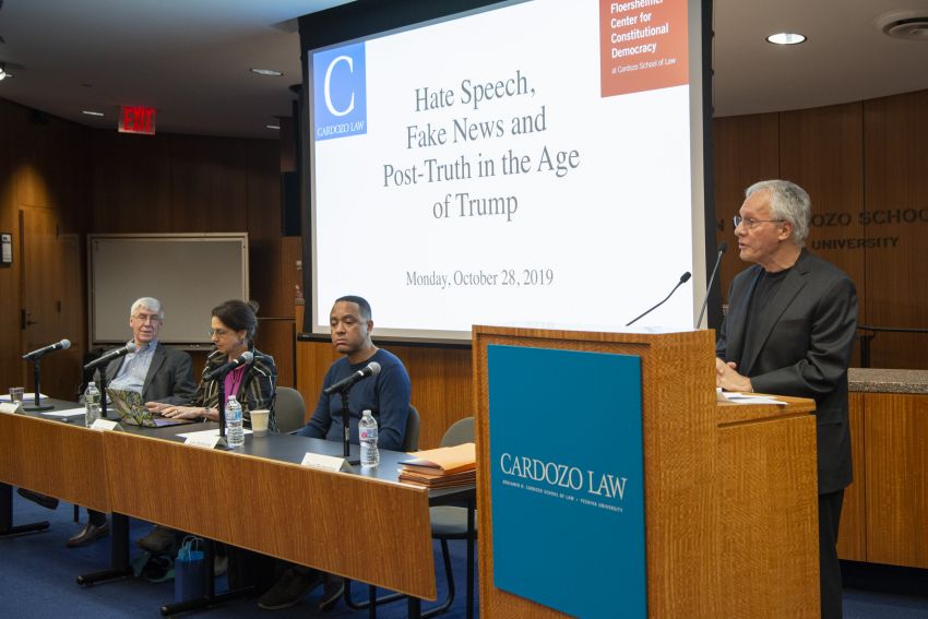 Professor David Rudenstine moderates a panel of free speech experts.