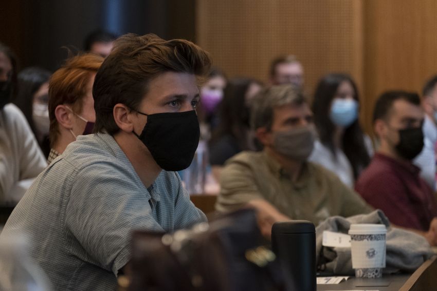 students wearing masks in moot court room